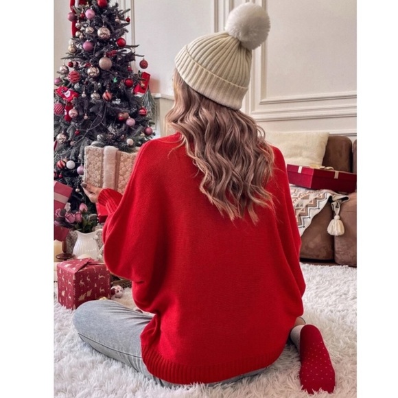 New Red Merry Christmas Holiday Sweater Turtleneck Dolman Long Sleeves White NWT - Picture 12 of 16